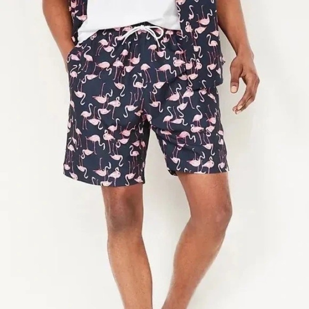 Old Navy Mens Navy Blue Pink‎ Flamingo Drawstring Swim Shorts with Pockets Beach